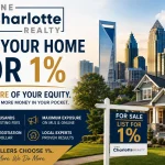 One Charlotte Realty featured image showing Charlotte skyline and luxury home with “List Your Home for 1%” message, promoting low commission real estate services for Charlotte home sellers looking to save money and keep more equity.