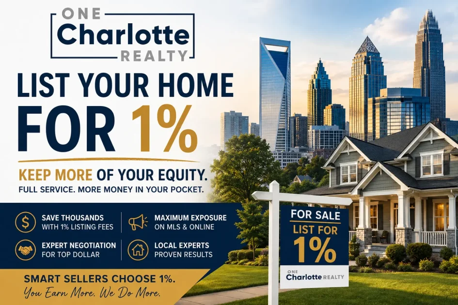 One Charlotte Realty featured image showing Charlotte skyline and luxury home with “List Your Home for 1%” message, promoting low commission real estate services for Charlotte home sellers looking to save money and keep more equity.